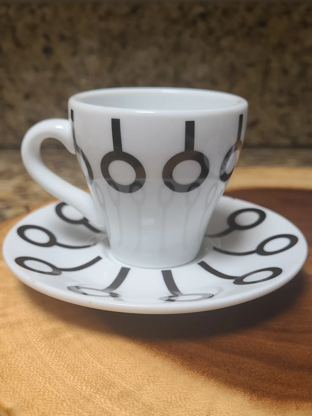 Bodum White Porcelain Espresso Cup & Saucer Set with Black Geometric Pattern